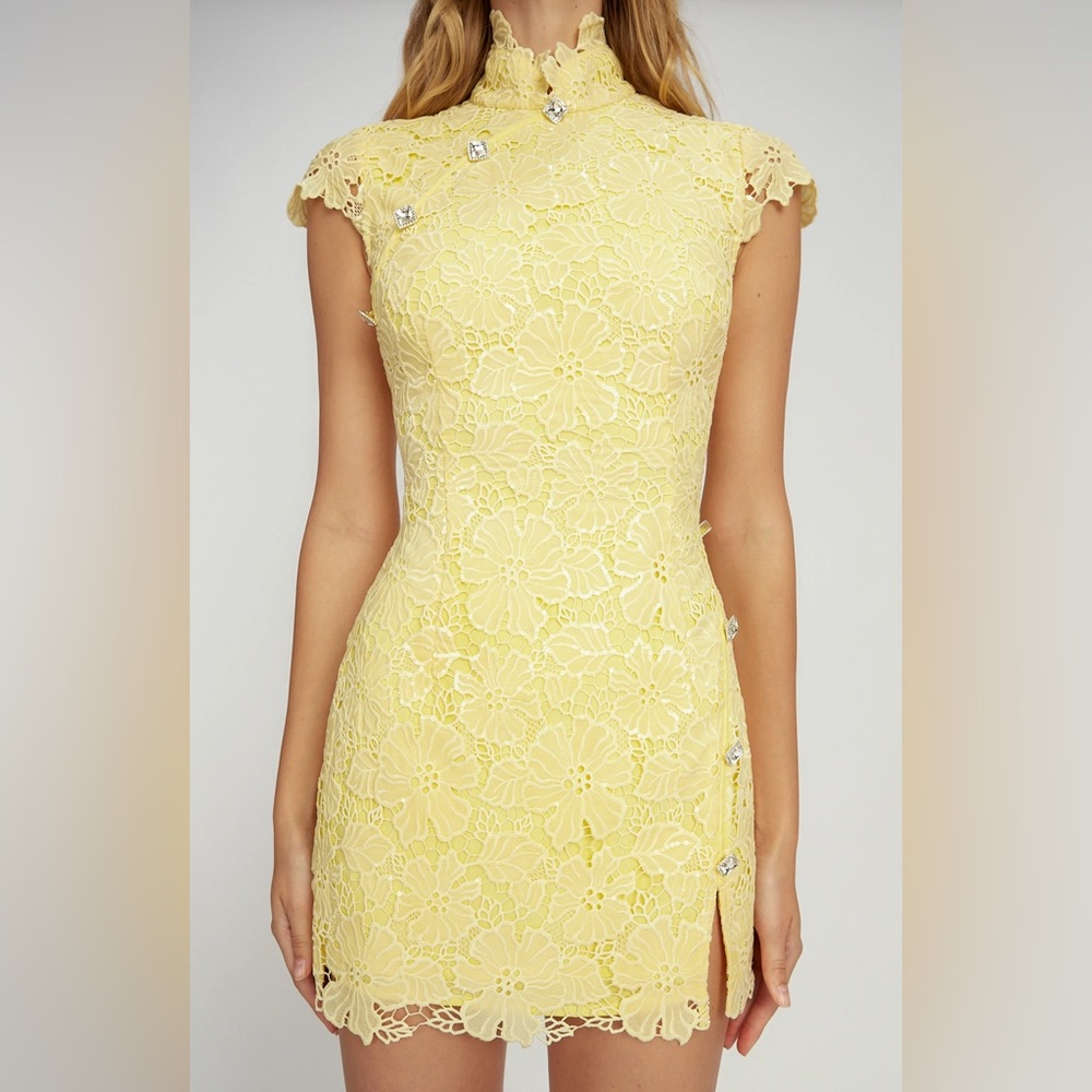 Sau Lee Rae Lace Overlay Dress with Rhinestone Button in Lemon Yellow
